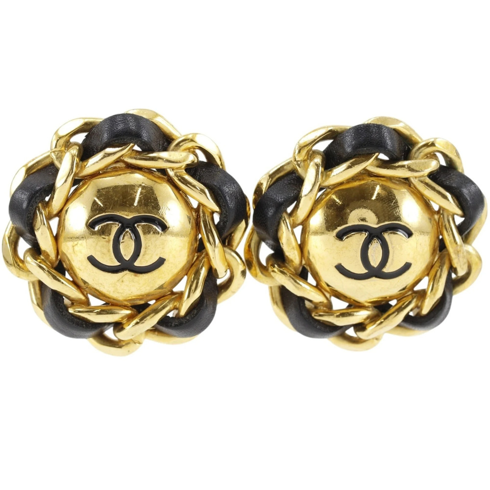 CHANEL Vintage Black Leather Logo Earrings - Picture 1 of 13